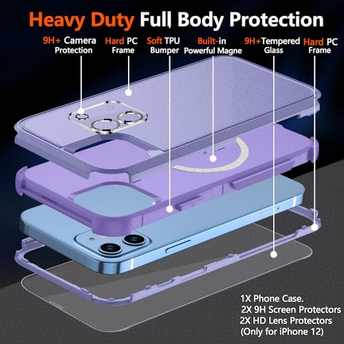 Diverbox for iPhone 12 case,iPhone 12 Magnetic case [with Screen Protector and Camera Lens Protector ] 2 Pack [15 FT Military Grade Drop Protection] Heavy Duty Shockproof Phone Case (Purple) - color: Magnetic Purple