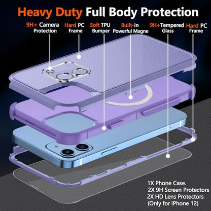 Diverbox for iPhone 12 case,iPhone 12 Magnetic case [with Screen Protector and Camera Lens Protector ] 2 Pack [15 FT Military Grade Drop Protection] Heavy Duty Shockproof Phone Case (Purple) - color: Magnetic Purple