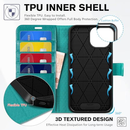 TUCCH Wallet Case for iPhone 15 (6.1") 2023, 4 Card Slots, Cyan | RFID Blocking, Viewing Stand, Shockproof TPU Shell, PU Leather, Magnetic Closure, Protective Folio Flip Cover - color: Cyan - Textured