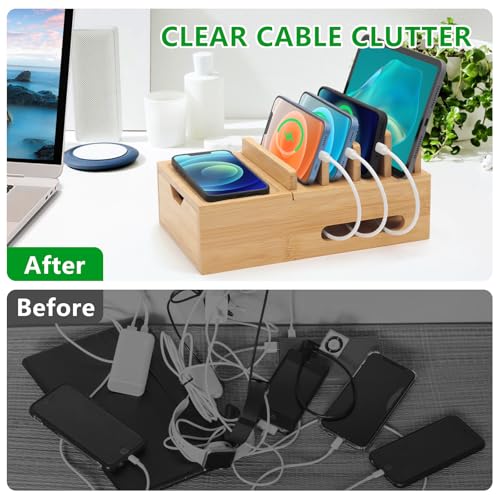 Bamboo Multi Device Charging Station Organizer with Drawer & Tray, Desk Docking Station Includes 6 Cables for iPhone, Cell Phones, Tablets, Power Banks for Home Office Nightstand (No USB Charger)