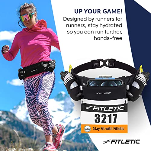 Fitletic Hydration Running Belt with Water Bottles for Men & Women – 2 Quick Flow 8oz Running Water Bottles, Patented Bounce Free Design, Water Resistant Pouch Fits All Phones – Hydra 16 - size: S/M (24"-34"), style: Black