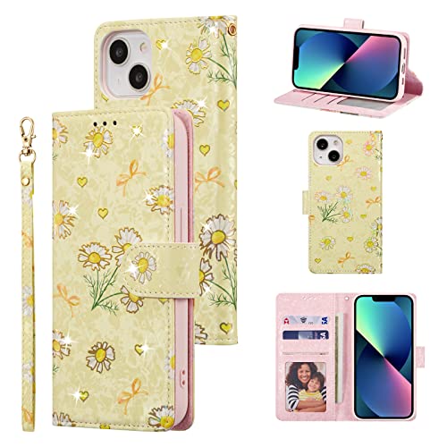 UEEBAI Wallet Case for iPhone 14, PU Leather Phone Cover Kickstand RFID Blocking Flip Case Card Slots Wrist Strap Relief Engraved Pattern Magnetic Closure Flower Folio Wallet, Yellow Daisy - color: Yellow Daisy, size: iPhone 14