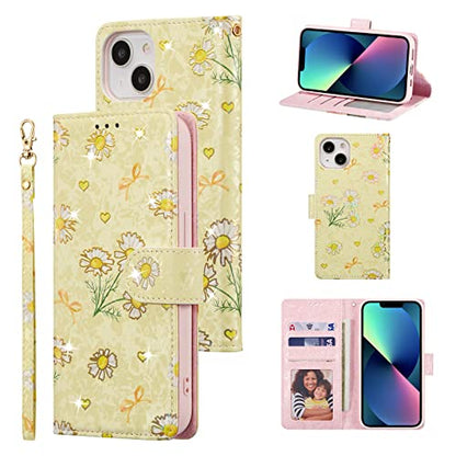 UEEBAI Wallet Case for iPhone 15, PU Leather Phone Cover Kickstand RFID Blocking Flip Case Card Slots Wrist Strap Relief Engraved Pattern Magnetic Closure Flower Folio Wallet, Yellow Daisy - color: Yellow Daisy, size: iPhone 15