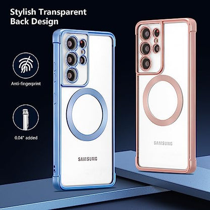 RALEAVO Magnetic Case for Samsung Galaxy S21 Ultra Clear Case Cover [Compatible with Magsafe & Military Grade Drop Protection] Transparent Shockproof Slim Plated Phone Case - Blue - color: Blue, size: S21 Ultra
