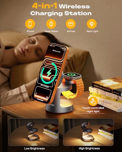3 in 1 Charging Station for Apple Compatible with MagSafe Foldable Wireless Charger, Magnetic Charger with Night Light for iPhone 18/17/16/15/14/13/12, Apple Watch & AirPods - color: Starry grey