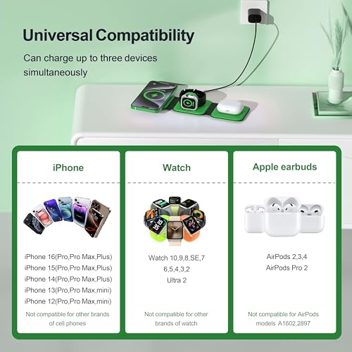 3 in 1 Charging Station for Multple Devices,Foldable 3 in 1 Wireless Charger for Travel,Nano Wireless Charging Station for iPhone16 15 14 13 12 Pro Max/Watch 10 9 8 7 6 5 4 3 Ultra/AirPod Pro - color: Green