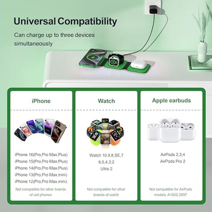 3 in 1 Charging Station for Multple Devices,Foldable 3 in 1 Wireless Charger for Travel,Nano Wireless Charging Station for iPhone16 15 14 13 12 Pro Max/Watch 10 9 8 7 6 5 4 3 Ultra/AirPod Pro - color: Green