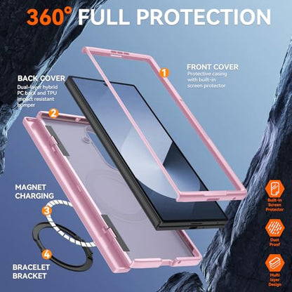 Upgraded 360° Spin Magnetic Invisible Ring Stand for Samsung Galaxy Z Fold 7 Case,[Compatible with MagSafe][S Pen Holder][Hinge Protection][Screen Protector],Shockproof Full Body Phone Cover - color: Pink -1