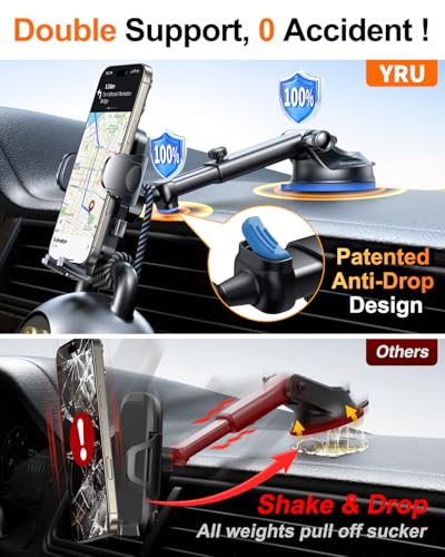 YRU True Military-Grade [360° Rotation Suction] 2026 Ultimate Car Phone Holder Mount 【90+LBS Safest Strongest & Patent Certs】 Dashboard Windshield Vent for iPhone 18 Pro Max Samsung Webcam, Jet Black - color: Jet Black
