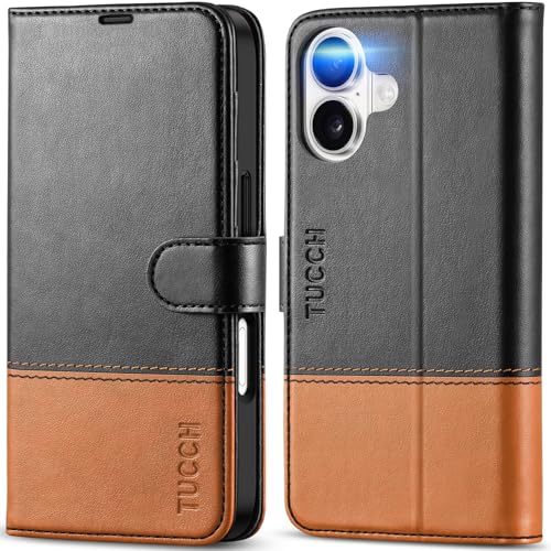 TUCCH Wallet Case for iPhone 17 (6.3") 2025, Flip Stand, Black & Brown | RFID Blocking, 4 Card Holders, Kickstand, PU Leather, Shockproof TPU Shell, Magnetic Closure, Protective Folio Cover - color: Two-tone Black & Brown