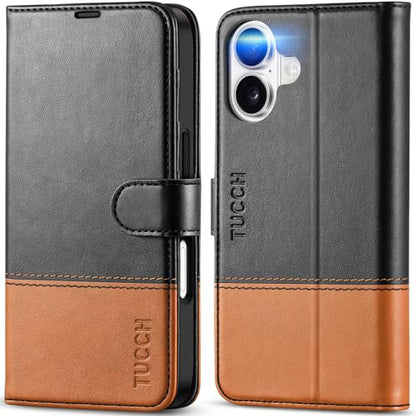 TUCCH Wallet Case for iPhone 17 (6.3") 2025, Flip Stand, Black & Brown | RFID Blocking, 4 Card Holders, Kickstand, PU Leather, Shockproof TPU Shell, Magnetic Closure, Protective Folio Cover - color: Two-tone Black & Brown