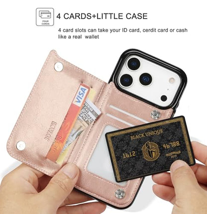 for iPhone 17 Pro Max Wallet Case with Screen Protector, Slim PU Leather Protective Case with Card Holder[RFID Blocking] Kickstand Cover 6.9“-Rose Gold - color: Rose Gold