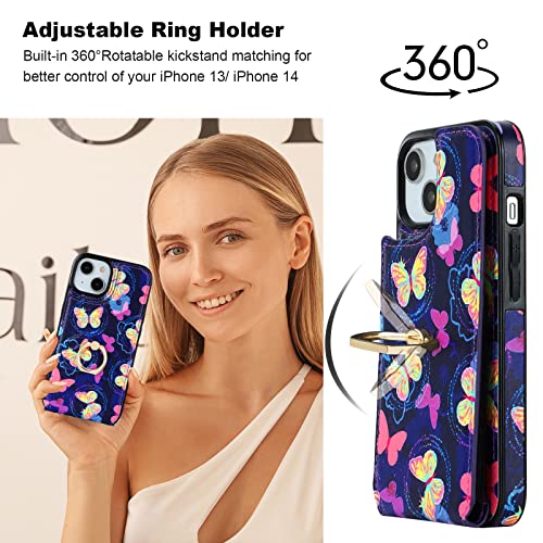 HAOPINSH for iPhone 13/ iPhone 14 Wallet Case with Card Holder, 360°Rotation Ring Kickstand, Pink Butterfly Pattern, RFID Blocking Leather for Girls Women, Double Buttons Flip Cover 6.1" - color: Pink Butterfly