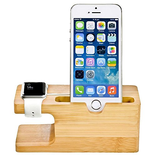 Bamboo Wood Desktop Charging Dock Station Charger Holder Cradle Charge Stand Compatible with iPhone 16 15 14 13 12 11 Pro Max XR XS Max X 8 Plus iWatch 2 3 4 Samsung LG HTC Smartphones - color: 2 in 1 Charger Stand