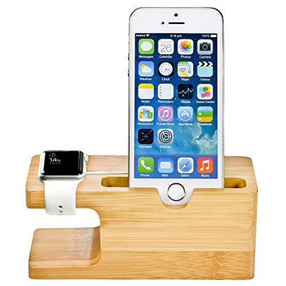 Bamboo Wood Desktop Charging Dock Station Charger Holder Cradle Charge Stand Compatible with iPhone 16 15 14 13 12 11 Pro Max XR XS Max X 8 Plus iWatch 2 3 4 Samsung LG HTC Smartphones - color: 2 in 1 Charger Stand