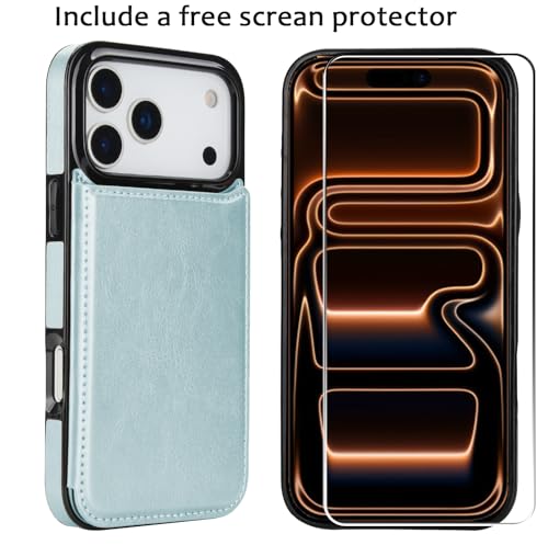 for iPhone 17 Pro Max Wallet Case with Screen Protector, Slim PU Leather Protective Case with Card Holder[RFID Blocking] Kickstand Cover 6.9“-Ice Blue - color: Ice Blue
