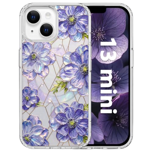for iPhone 13 Mini 5.4" Magnetic Case【Compatible with MagSafe】 Aesthetic Oil Painting Stained Glass Flower Design, Slim Fit Hard PC Back Shockproof Cute Clear Phone Cover, Purple - color: Purple, size: iPhone 13 Mini