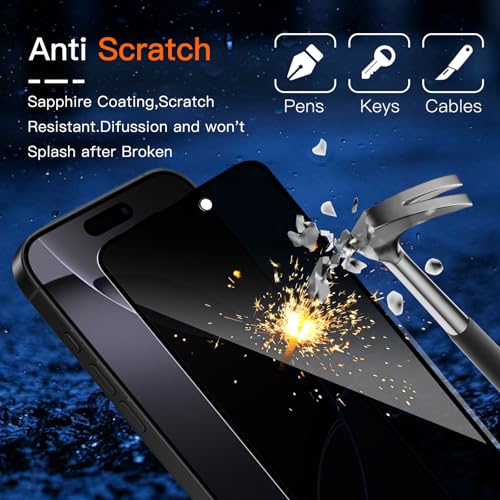 2 Pack for iPhone 15 Privacy Screen Protector,Anti Spy Tempered Glass, Anti-Scratch,Case Friendly 【Easy install】