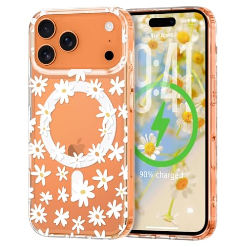 for iPhone 17 Pro Case Flower Clear Magnetic Floral,White | [Compatible with Magsafe], Cute Flower Girls Women Clear Case Silicone Shockproof Protective Cover with Pretty Floral Pattern - color: White, size: iPhone 17 Pro