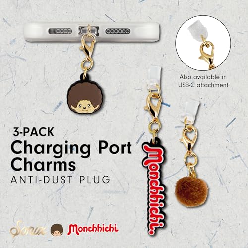 Sonix Dust Plugs - USB C + Lightning Compatible - Monchhichi Silicone Character Charging Port Charms (3 Pack) - Monchhichi, Pom Pom, Logo - color: Monchhichi