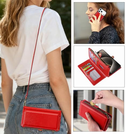 for iPhone 17 Pro Wallet Case, [Compatible with Magsafe] [Magnetic Detachable] [RFID Blocking] PU Leather Case with Card Holder & Crossbody Strap for Women Men, Red - color: Red