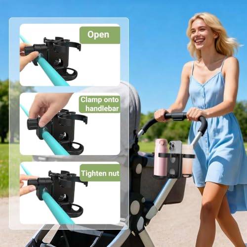 ZealSound Stroller Cup Holder, 3-in-1 Bottle Holder with Phone Holders for Stroller Wheelchair Scooter Walker Bike, Foldable Universal Drink Holder for Uppababy Bugaboo Nuna Doona