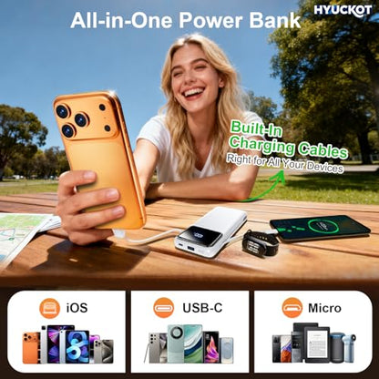 Portable Charger Power Bank with Built-in Cables and Wall Plug 10000mAh