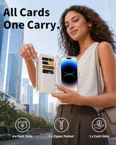 for iPhone 17 Pro 2-in-1 Magnetic Crossbody Wallet Case + Wrist Strap | Wireless Charging After Wallet Removal, Detachable Crossbody/Wrist Straps, Landscape Stand, Card Holder and Zipper Pocket - color: Cream apricot, size: iPhone 17 Pro Max