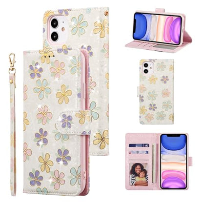 UEEBAI Wallet Case for iPhone 12/iPhone 12 Pro 6.1 inch, PU Leather Wallet Kickstand RFID Blocking Flip Case Card Slots Wrist Strap Relief Engraved Pattern Magnetic Closure Folio Cover, White Daisy - color: White Daisy, size: iPhone 12/iPhone 12 Pro 6.1 i