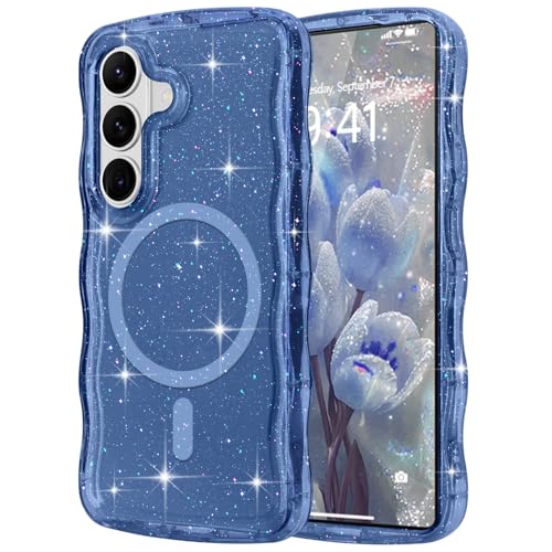 Pepmune Magnetic for Samsung Galaxy S26 Case Clear Glitter, Deep Blue | Sparkly Bling Shiny Cute Curly Wave Cover for Women Men, Compatible with MagSafe, TPU Shockproof Protective Phone Case - color: Deep Blue, size: Samsung Galaxy S26