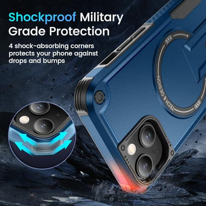 Caka for iPhone 13 Case & iPhone 14 Case with Stand Blue | Compatible with MagSafe, Built-in Hidden Kickstand, Solid Protective Dual-layer TPU+PC Shockproof Magnetic Phone Cover - color: Blue