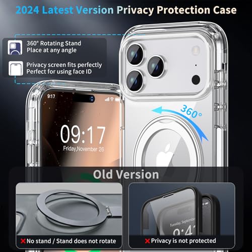 Privacy Case for iPhone 17 Pro Max with 360°Stand [Built-in Anti Peeping Screen Protector] [Magnetic Ring ] Full Body Protective Phone 17Pro Cover 6.9", Clear