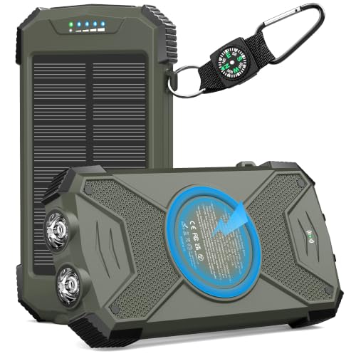 BLAVOR Solar Power Bank 10,000mAh Portable Wireless Charger for Cell Phones - color: Olive Green