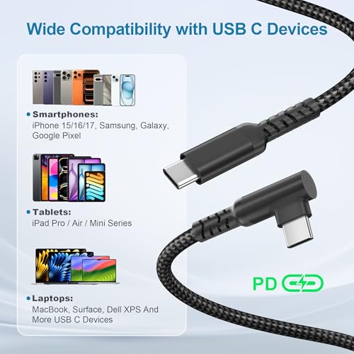 Basesailor USB C to USB C 60W Cable 6.6FT with USB A Adapter Right Angle - color: Black, size: 6.6FT/2M
