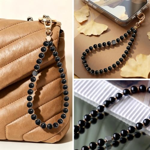 Food-Grade Silicone Phone Wrist Strap with Tether Tab/Clip, Sparkling Bead Phone Lanyard/Phone Charm - color: Black