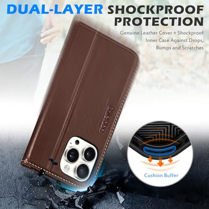 SHIELDON Genuine Leather Wallet Case for iPhone 16 Pro Max, Retro Coffee | Magnetic Closure, RFID Blocking, Credit Card Holder, Viewing Stand, Folio Design, Shockproof Protective Cover - color: Retro Coffee