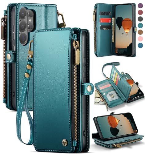 Defencase for Samsung Galaxy S26 Ultra Wallet Case with Card Holder, Green | with RFID Blocking Zipper Pocket, Durable PU Leather, Wrist Strap, S26 Ultra Flip Phone Cases Cover with Stand for Women Men - color: Blue Green