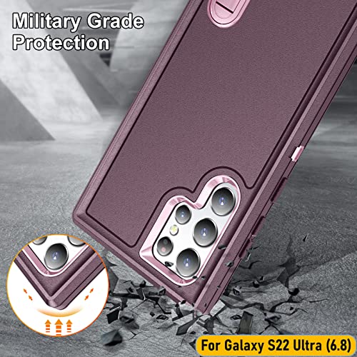 Case is Specially Designed for Galaxy S22 Ultra 6.8 Inch, Full Body Protection Heavy Duty Shock Absorbing 3 in 1 Silicone Rubber Built-in Stand with 1 Tempered Screen Protectors-Wine/Pink - color: Wine/Pink