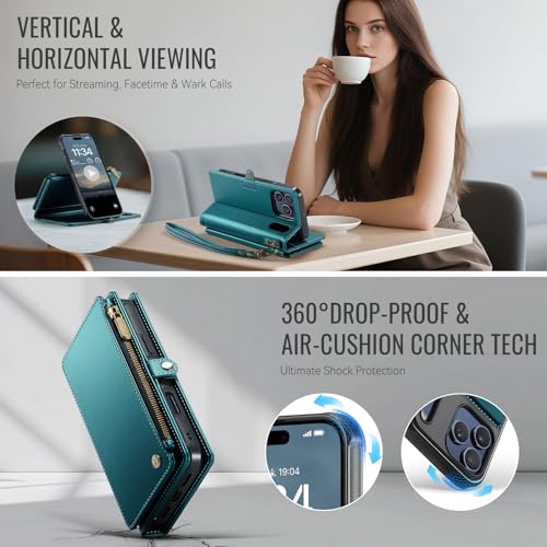Defencase for iPhone 17 Pro Max Case Wallet Compatible with Magsafe, Green | Drop-Proof Magnetic Detachable Phone Cases Cover, with RFID Bolcking Card Holder, Zipper Strap, PU Leather, Removable Wallet - color: (Detachable with Magsafe)-Blue Green