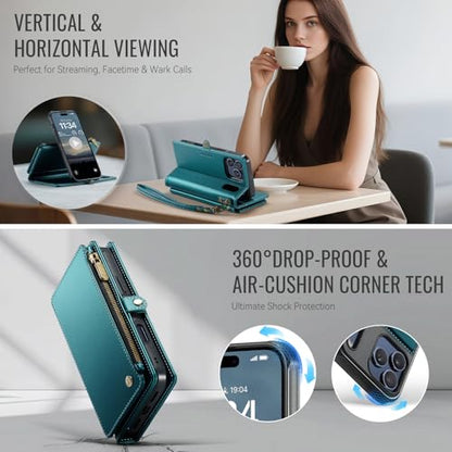 Defencase for iPhone 17 Pro Max Case Wallet Compatible with Magsafe, Green | Drop-Proof Magnetic Detachable Phone Cases Cover, with RFID Bolcking Card Holder, Zipper Strap, PU Leather, Removable Wallet - color: (Detachable with Magsafe)-Blue Green