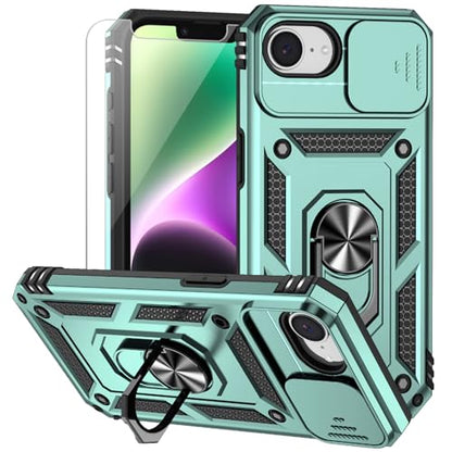 for iPhone 17E / iPhone 16E Case, with Camera Lens Cover Screen Protector, Dual Layer Military-Grade Drop Tested Magnetic Ring Holder Kickstand Protective Phone Case for iPhone 16E / 17E (Dark Green) - color: Dark Green w/ camera cover Military-Grade 2nd