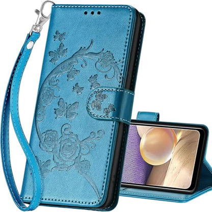 for Samsung Galaxy A32 5G Wallet case, Blue-Flower | 3 Card Holders, Kickstand, Shockproof TPU Shell, PU Leather, Magnetic Closure, Protective Flip Folio Cover, Women - color: 7