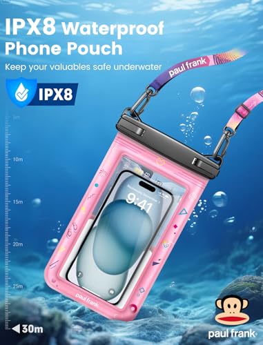 Paul Frank Waterproof Phone Pouch Floating, 2 Pack IPX8 Waterproof Phone Case with Lanyard for iPhone 17 16 15 14 Pro Max Galaxy S25 S24, Cellphone Dry Bag Beach Cruise Ship Essentials(up to 8.5") - color: Pink &Black