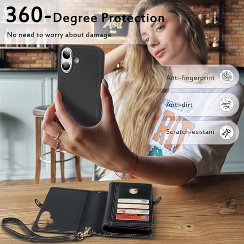 for Wallet Case Compatible with iPhone 17,Multi-Function Detachable 2 in 1 Magnetic iPhone 17 Case Wallet,Flip Strap Zipper Card Holder Phone Case with Shoulder Straps (Black) - color: Black, size: iPhone 17