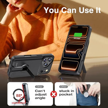 BOPPS Battery Case for iPhone 17 Pro with Stand【Support Carplay】 Slim Powerful 8500mAh Portable Charger Case 360°Protection Rechargeable Extended Charging case for iPhone 17 Pro Black