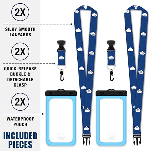 Cruise On Lanyards Waterproof Phone Pouch Dry Case w/Touch Screen for iPhone 15 14 13 12 11 Pro Max XS, Samsung S22+, Pixel 7, Fits Up to 6.5” Screen, Large Floating Holder (2-Pack) Blue