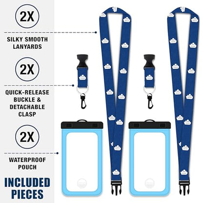 Cruise On Lanyards Waterproof Phone Pouch Dry Case w/Touch Screen for iPhone 15 14 13 12 11 Pro Max XS, Samsung S22+, Pixel 7, Fits Up to 6.5” Screen, Large Floating Holder (2-Pack) Blue