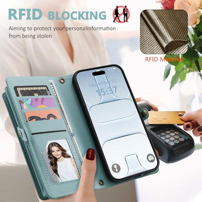 for iPhone 17 Air Wallet Case, Detachable Magnetic Phone Case,Faux Leather Strap Wallet,with RFID Blocking，Zipper Card Holder，Shoulder Straps (Blue) - color: Blue, size: iPhone 17 Air