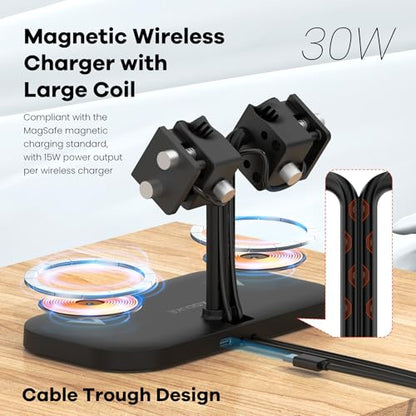 4-in-1 Dual iPhones Wireless Charging Dock and Dual iwatch Stand - color: A433SW-Black