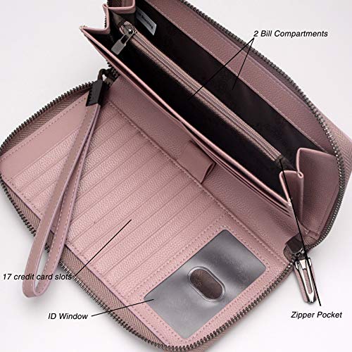 Bveyzi Women RFID Blocking Wallet Leather Zip Around Phone Clutch Large Capacity Ladies Travel Purse Wristlet - color: Dark Pink